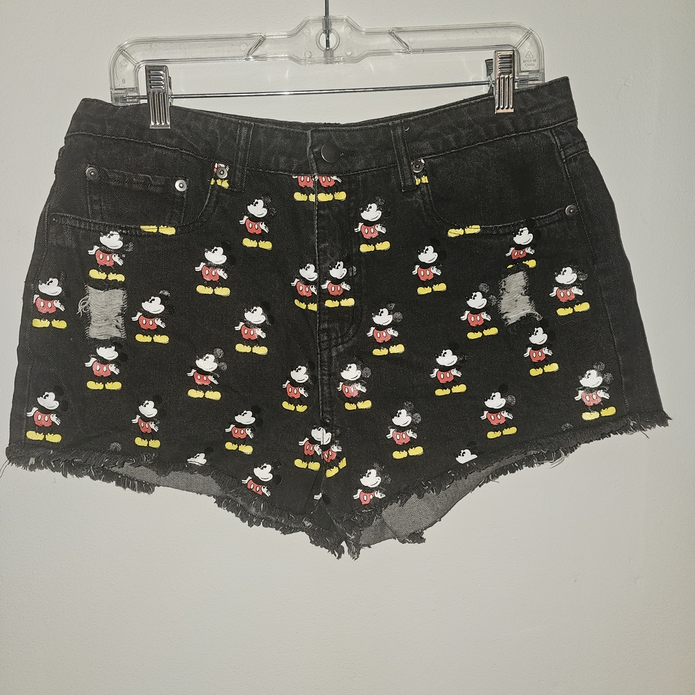 Disney Women's Black Jean Shorts with Mickey Mouse Pattern